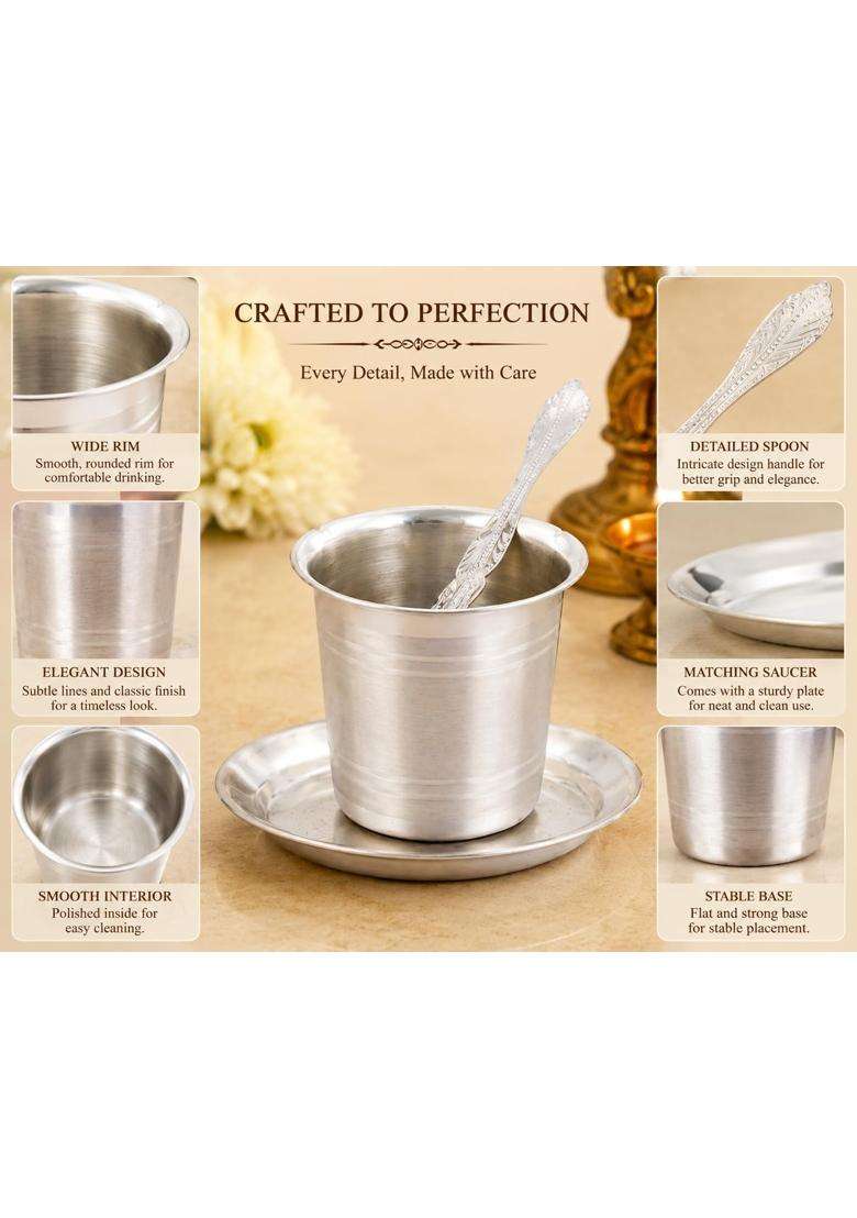 Moonplus Sterling Silver Panchapatra Set for Pooja Udharini Spoon Plate Tumbler Set - Indya
