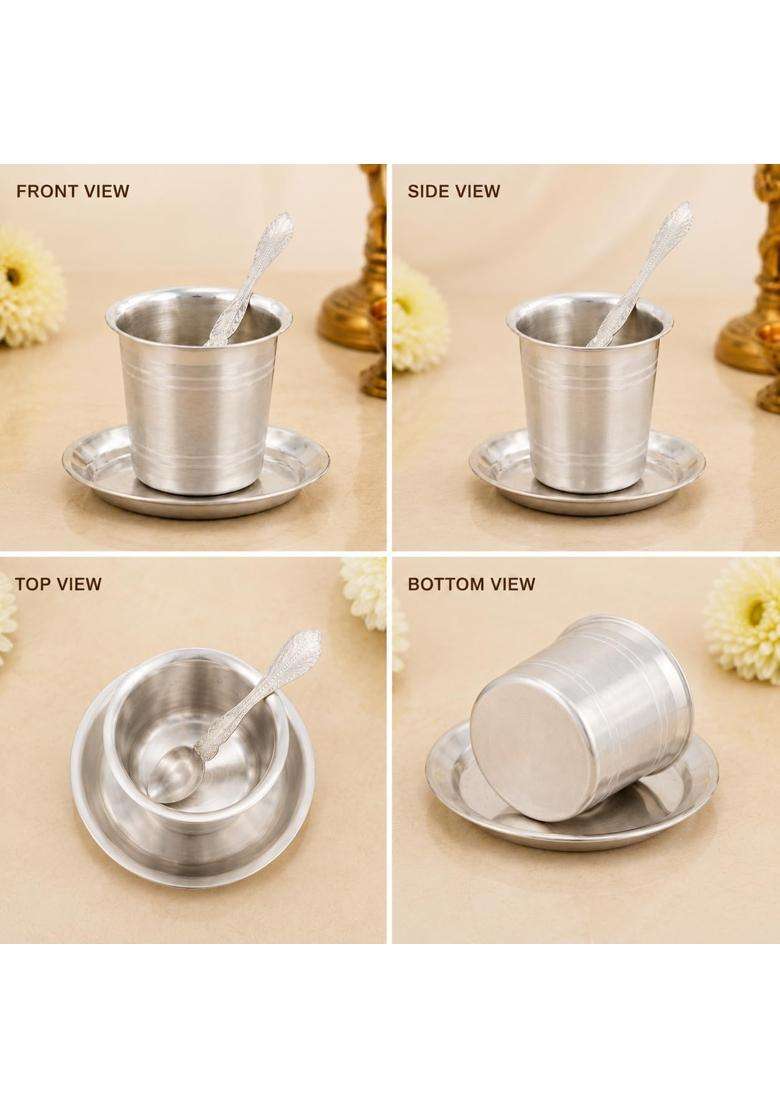 Moonplus Sterling Silver Panchapatra Set for Pooja Udharini Spoon Plate Tumbler Set - Indya