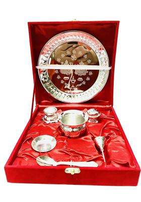 Kunal Silver Pooja Thali Set Bhog Thali Set Bell Lota Jyot Vati Spoon Aggarbatti Stand
