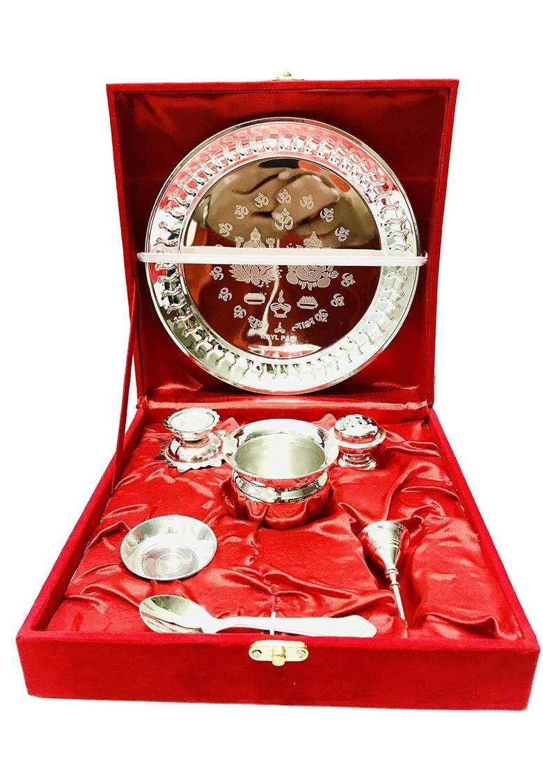Kunal Silver Pooja Thali Set Bhog Thali Set Bell Lota Jyot Vati Spoon Aggarbatti Stand - Indya