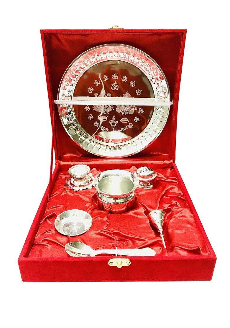 Kunal Silver Pooja Thali Set Bhog Thali Set Bell Lota Jyot Vati Spoon Aggarbatti Stand - Indya