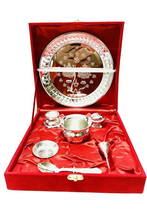 Kunal Silver Pooja Thali Set Bhog Thali Set Bell Lota Jyot Vati Spoon Aggarbatti Stand