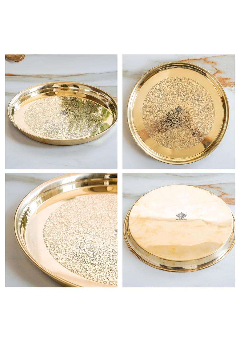 Indian ART Villa Gold Brass Embossed Thali Pure Brass Embossed Thali with Shine Finish Set of 1 - Indya