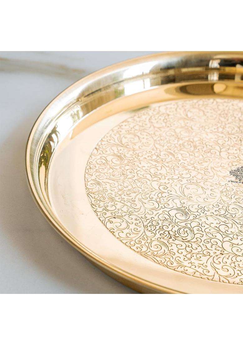 Indian ART Villa Gold Brass Embossed Thali Pure Brass Embossed Thali with Shine Finish Set of 1 - Indya