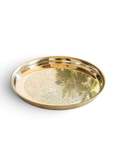 Indian ART Villa Gold Brass Embossed Thali Pure Brass Embossed Thali with Shine Finish Set of 1