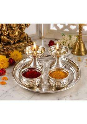 Sgr Handicrafts German Silver Pooja Combo Set 5 Pieces 6 Inch Pooja Plate with 2 Diyas and 2 Kumkum Bowls