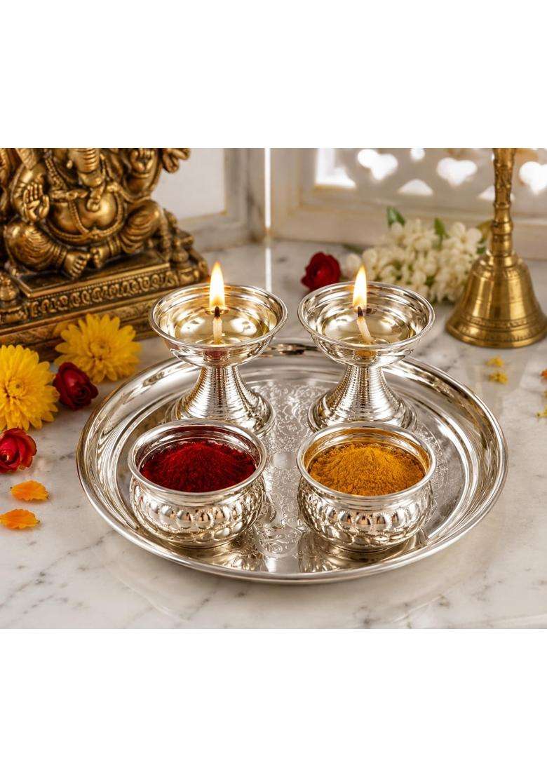 Sgr Handicrafts German Silver Pooja Combo Set 5 Pieces 6 Inch Pooja Plate with 2 Diyas and 2 Kumkum Bowls - Indya