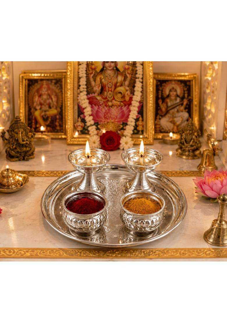Sgr Handicrafts German Silver Pooja Combo Set 5 Pieces 6 Inch Pooja Plate with 2 Diyas and 2 Kumkum Bowls - Indya