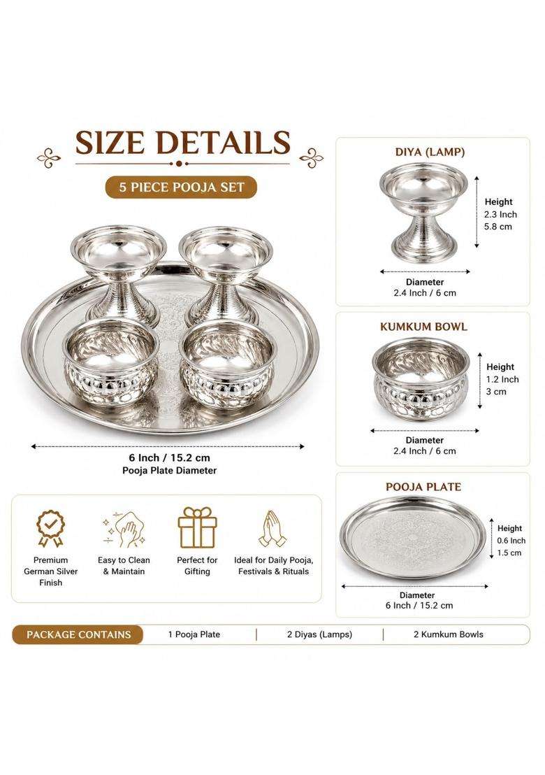 Sgr Handicrafts German Silver Pooja Combo Set 5 Pieces 6 Inch Pooja Plate with 2 Diyas and 2 Kumkum Bowls - Indya