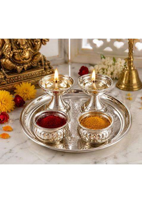 Sgr Handicrafts German Silver Pooja Combo Set 5 Pieces 6 Inch Pooja Plate with 2 Diyas and 2 Kumkum Bowls