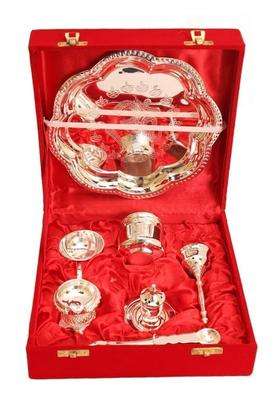 HAST Shilp Om Design Silver Plated Pooja Aarti Thali Set 7 Pieces