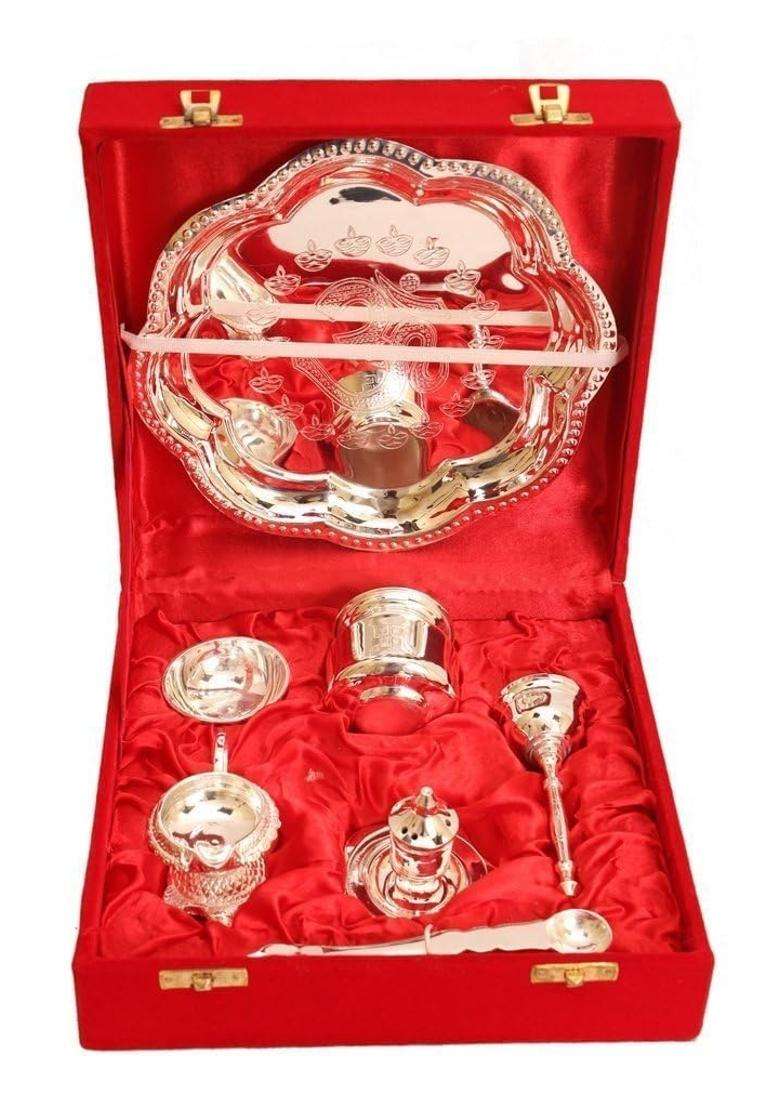 HAST Shilp Om Design Silver Plated Pooja Aarti Thali Set 7 Pieces - Indya