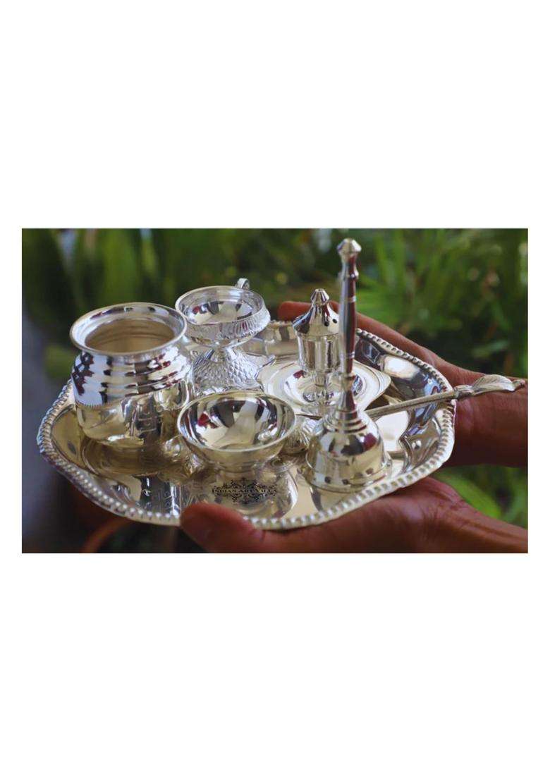 HAST Shilp Om Design Silver Plated Pooja Aarti Thali Set 7 Pieces - Indya