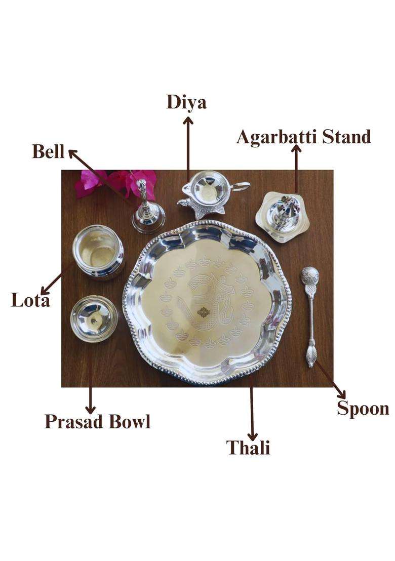 HAST Shilp Om Design Silver Plated Pooja Aarti Thali Set 7 Pieces - Indya