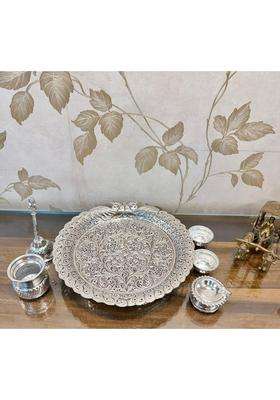 Mishita Collections German Silver Hand Engraved Peacock Design Pooja Thali Set