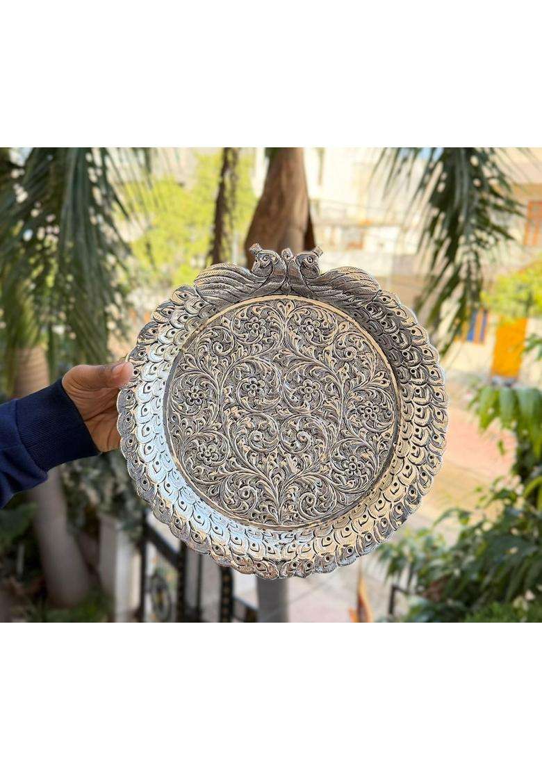 Mishita Collections German Silver Hand Engraved Peacock Design Pooja Thali Set - Indya