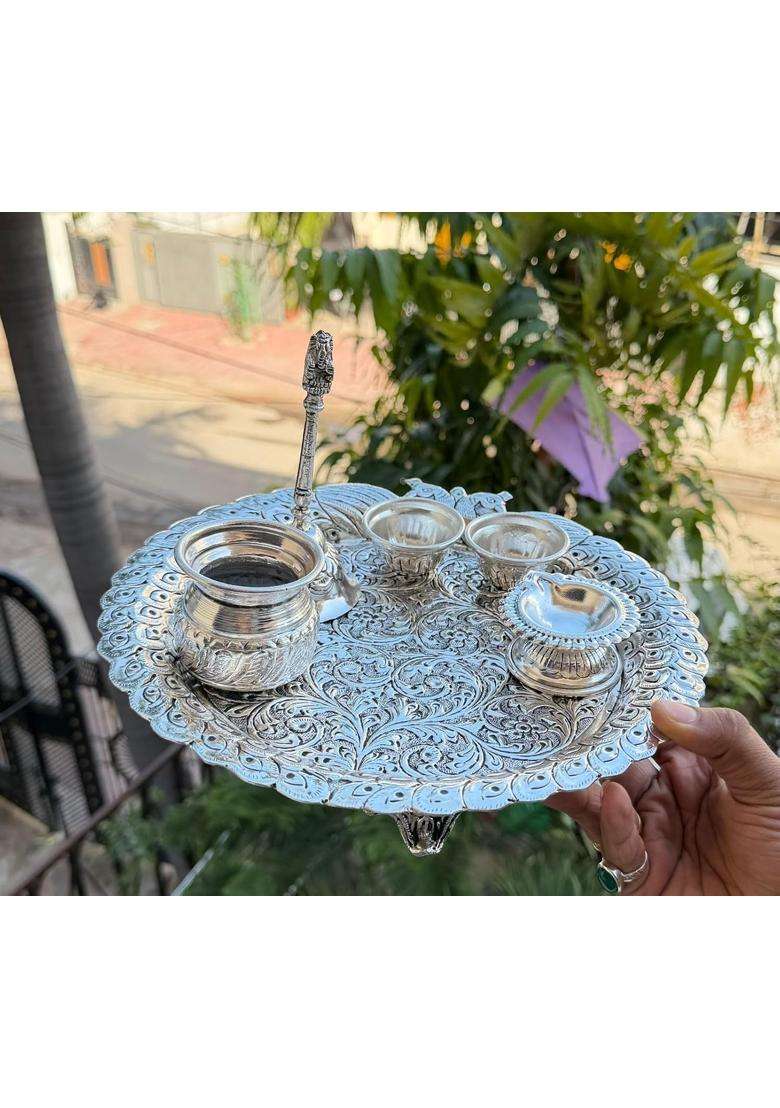 Mishita Collections German Silver Hand Engraved Peacock Design Pooja Thali Set - Indya
