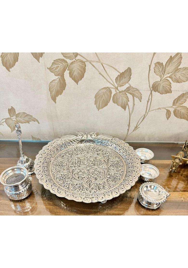 Mishita Collections German Silver Hand Engraved Peacock Design Pooja Thali Set - Indya