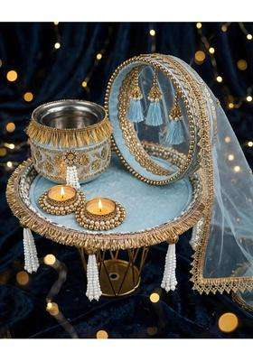 Meeras Collection Designer Karwa Chauth Thali Set with Karwa Channi and Decorative Diya