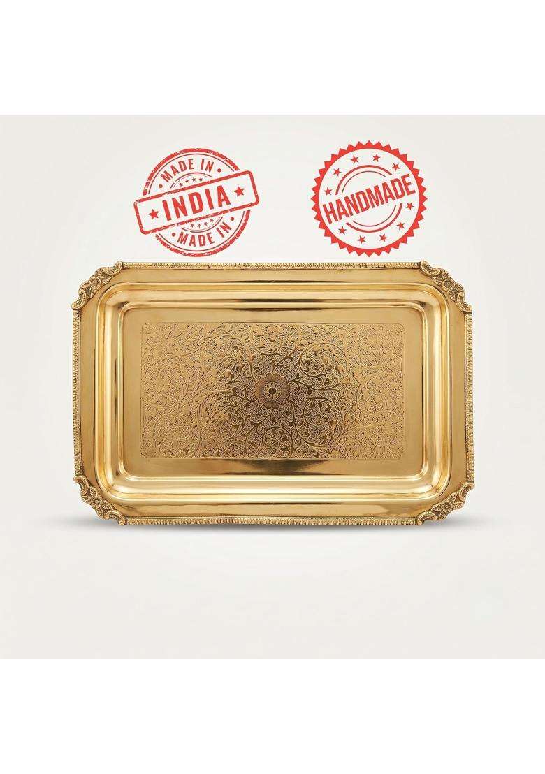 JOBA Gold Brass Tray for Decoration and Serving 1 Pc 11 and Half X 7 and Half Inch - Indya