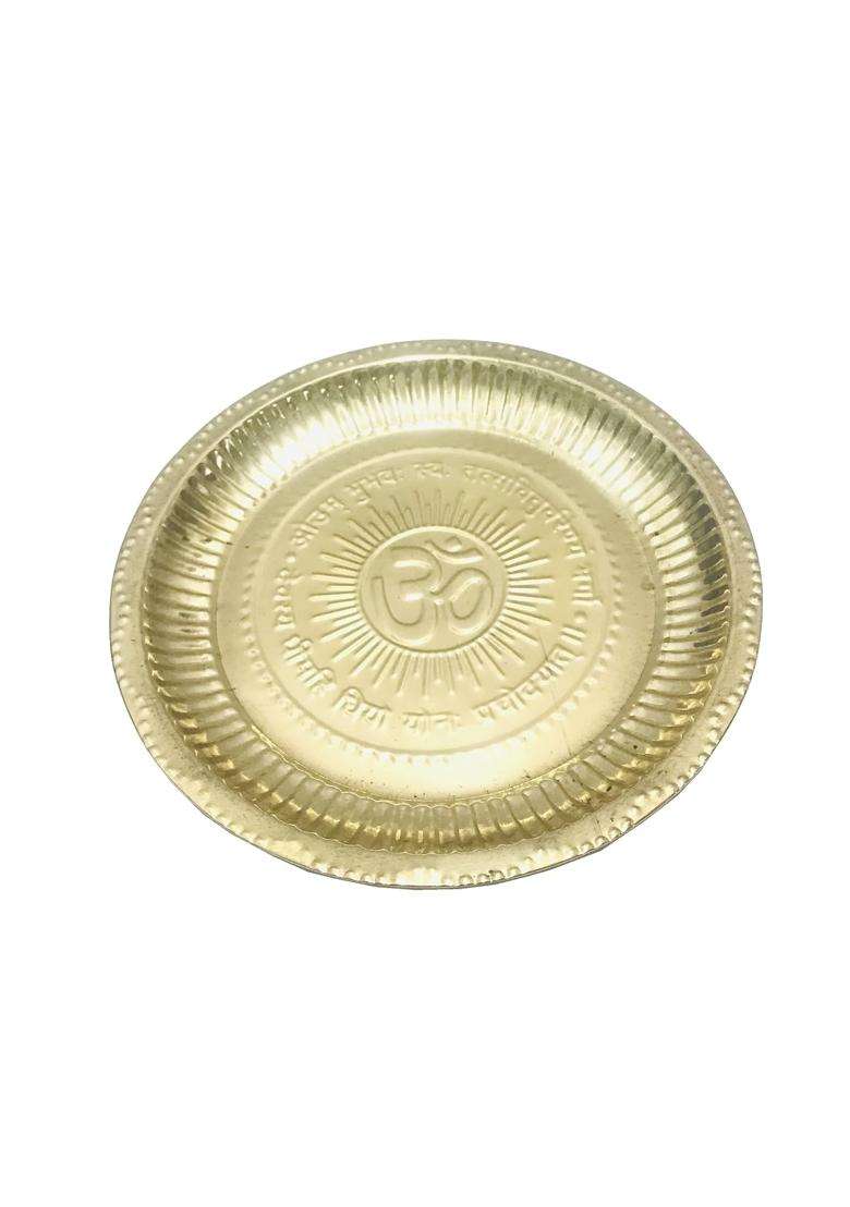 Kunal Brass Thali Pooja Brass Bhog Thali Brass Thali Plate Embossed Om Symbol and Gayatri Mantra Puja Aarti - Indya