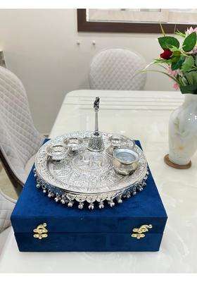Mishita Collections German Silver Swastik Pooja Thali Diameter 11 Set of 6