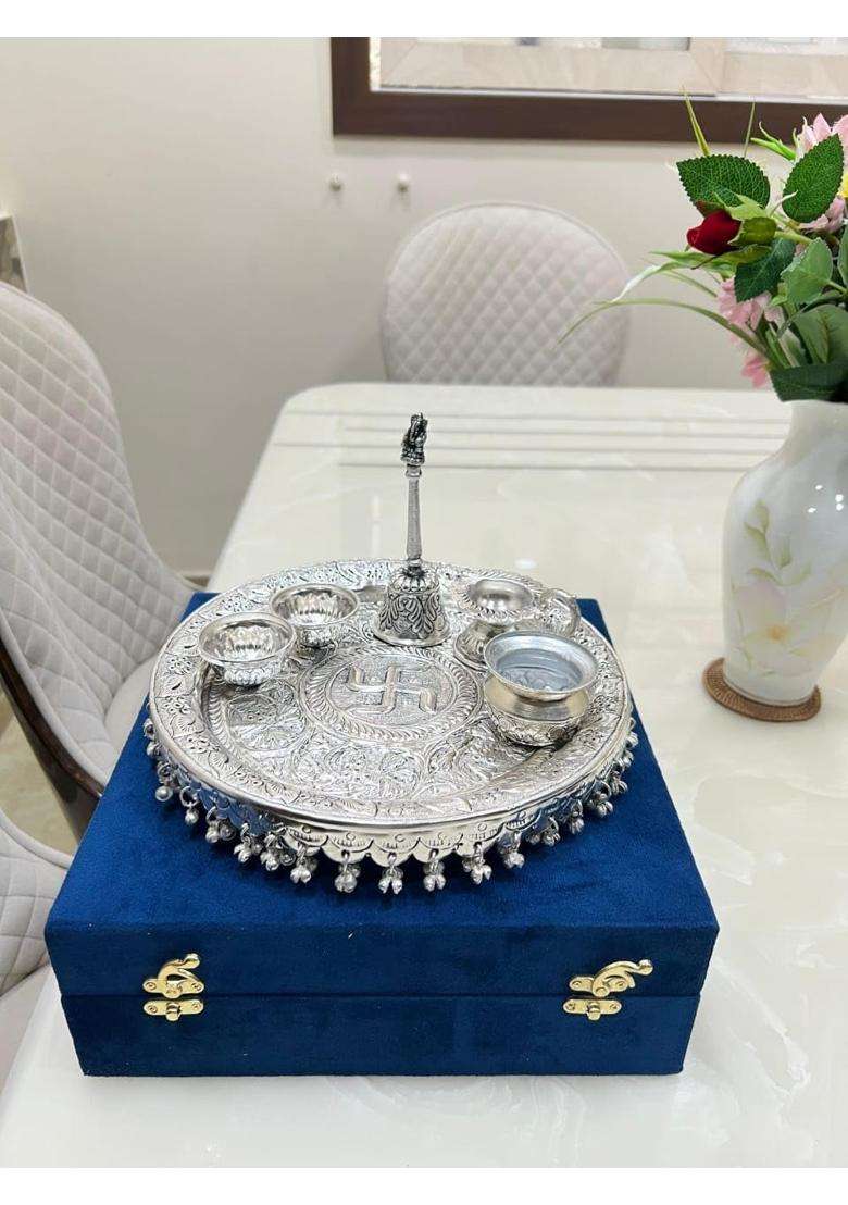 Mishita Collections German Silver Swastik Pooja Thali Diameter 11 Set of 6 - Indya