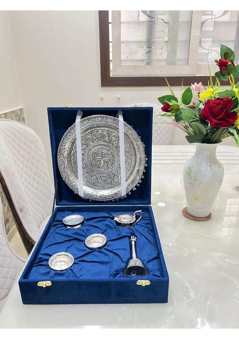 Mishita Collections German Silver Swastik Pooja Thali Diameter 11 Set of 6 - Indya