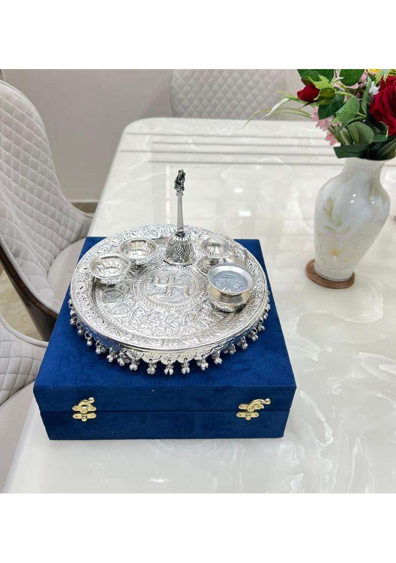 Mishita Collections German Silver Swastik Pooja Thali Diameter 11 Set of 6 - Indya
