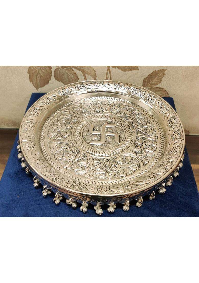 Mishita Collections German Silver Swastik Pooja Thali Diameter 11 Set of 6 - Indya