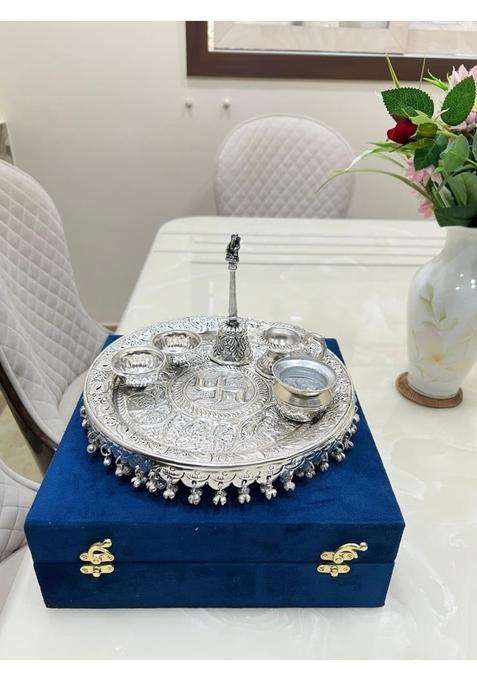 Mishita Collections German Silver Swastik Pooja Thali Diameter 11 Set of 6