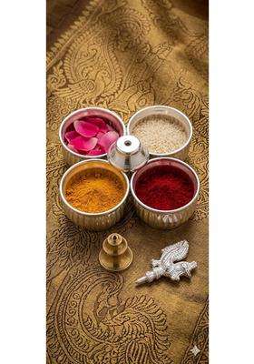 Pure German Silver Plated Puja Thali Set with Incense Holder 4 Containers Kumkum Haldi Akshat