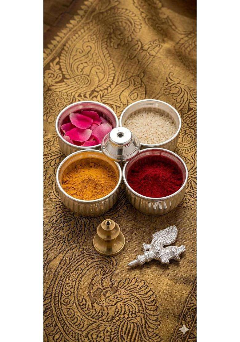 Pure German Silver Plated Puja Thali Set with Incense Holder 4 Containers Kumkum Haldi Akshat - Indya