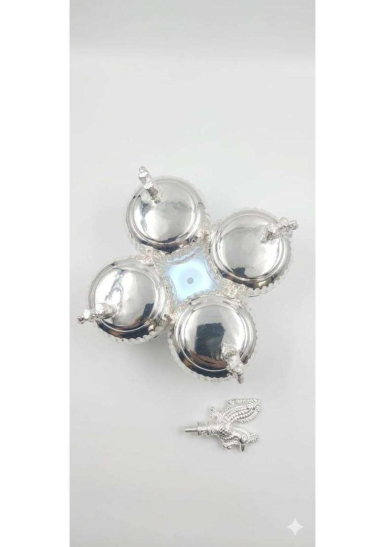Pure German Silver Plated Puja Thali Set with Incense Holder 4 Containers Kumkum Haldi Akshat - Indya