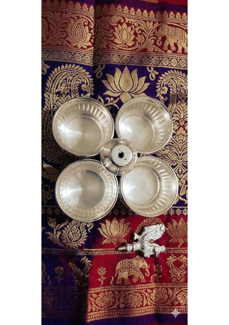 Pure German Silver Plated Puja Thali Set with Incense Holder 4 Containers Kumkum Haldi Akshat - Indya