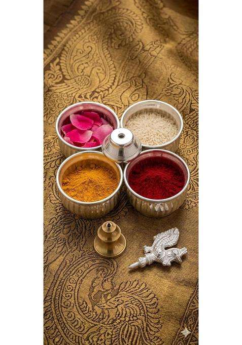 Pure German Silver Plated Puja Thali Set with Incense Holder 4 Containers Kumkum Haldi Akshat