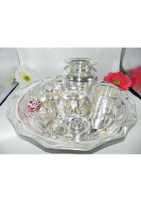 Pure German Silver Pooja Thali Set Silver Plated with 12 and Half Inch Plate Bowl Agarbatti Stand Palli Kalash