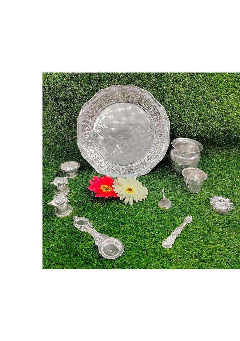 Pure German Silver Pooja Thali Set Silver Plated with 12 and Half Inch Plate Bowl Agarbatti Stand Palli Kalash - Indya