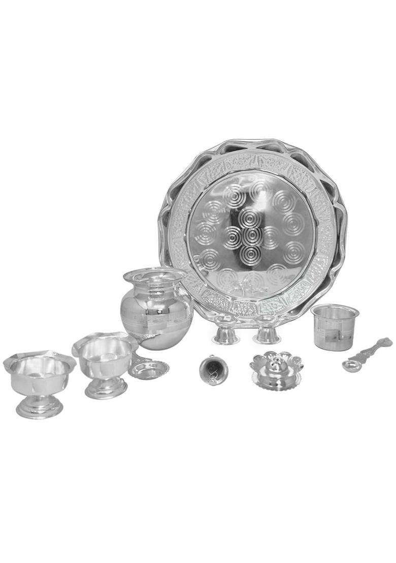 Pure German Silver Pooja Thali Set Silver Plated with 12 and Half Inch Plate Bowl Agarbatti Stand Palli Kalash - Indya