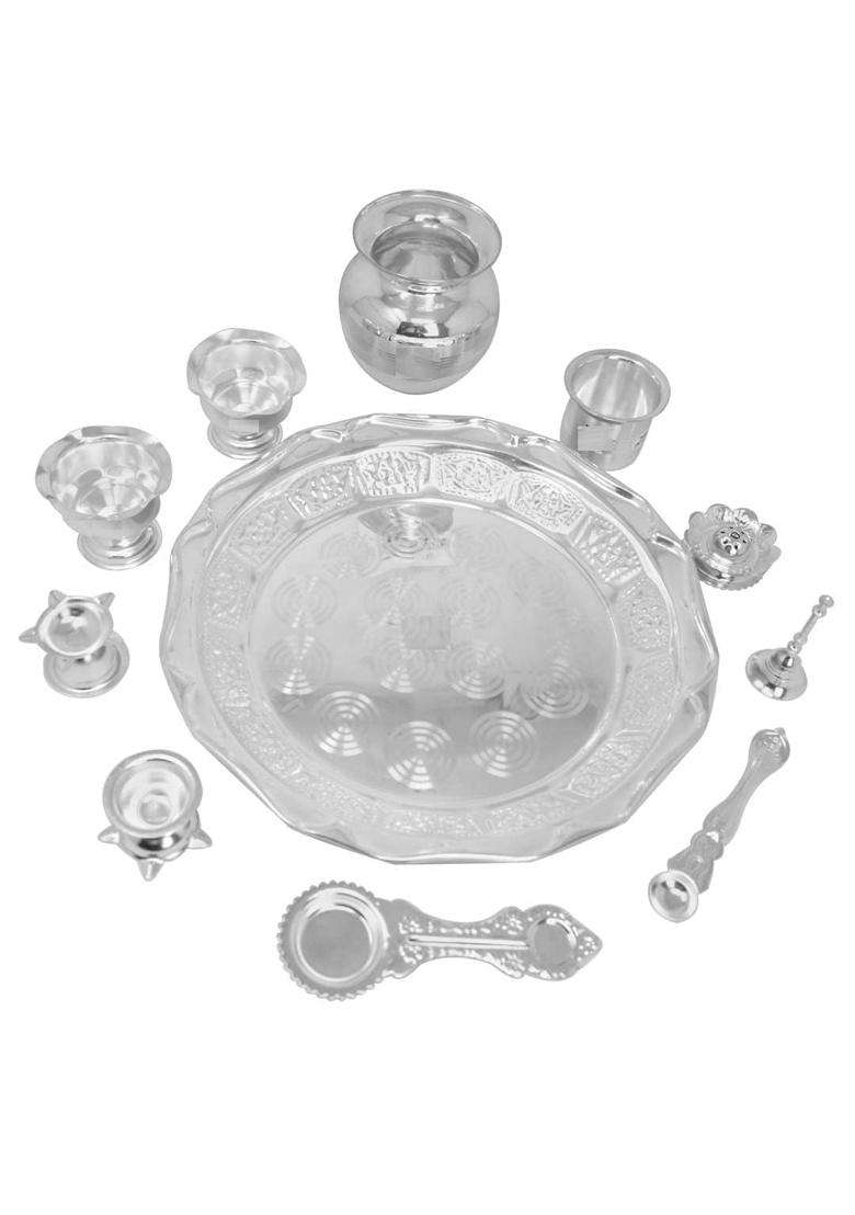 Pure German Silver Pooja Thali Set Silver Plated with 12 and Half Inch Plate Bowl Agarbatti Stand Palli Kalash - Indya