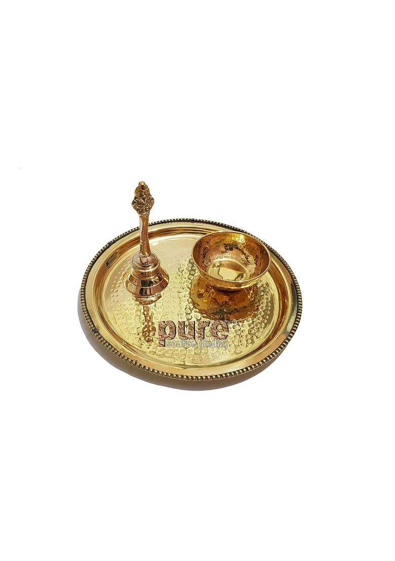 Pure Source India Gold Brass Pooja Thali Set 3 Pcs - Indya