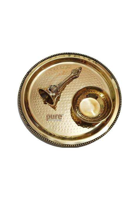 Pure Source India Gold Brass Pooja Thali Set 3 Pcs