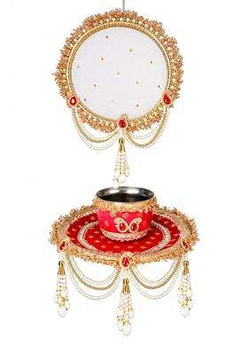 Karwa Chauth Thali Set with Chalni Red and Gold Traditional Pooja Thali with Channi and Decorative Katori