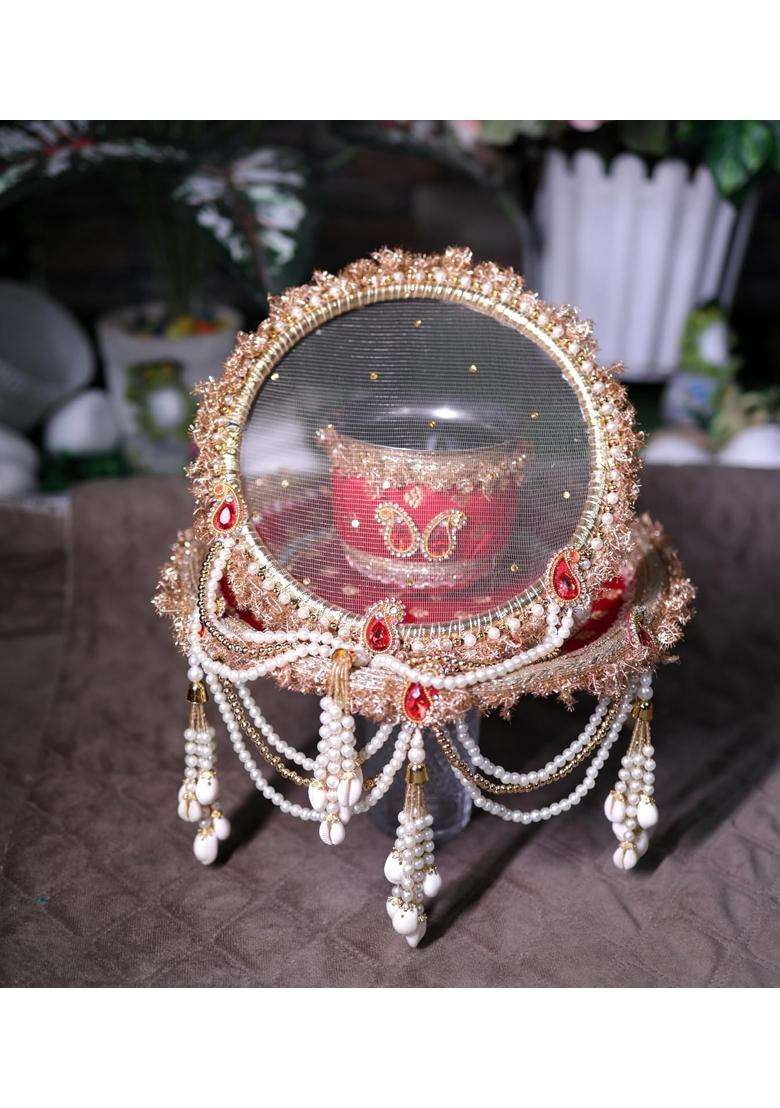 Karwa Chauth Thali Set with Chalni Red and Gold Traditional Pooja Thali with Channi and Decorative Katori - Indya