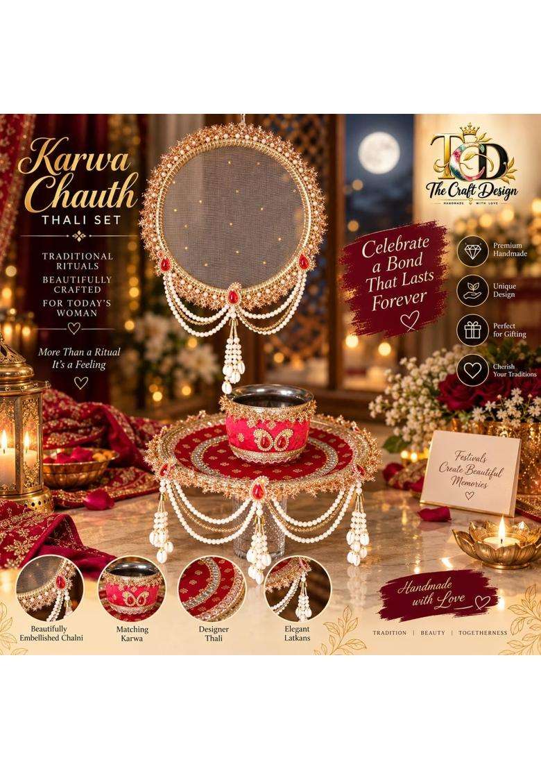 Karwa Chauth Thali Set with Chalni Red and Gold Traditional Pooja Thali with Channi and Decorative Katori - Indya