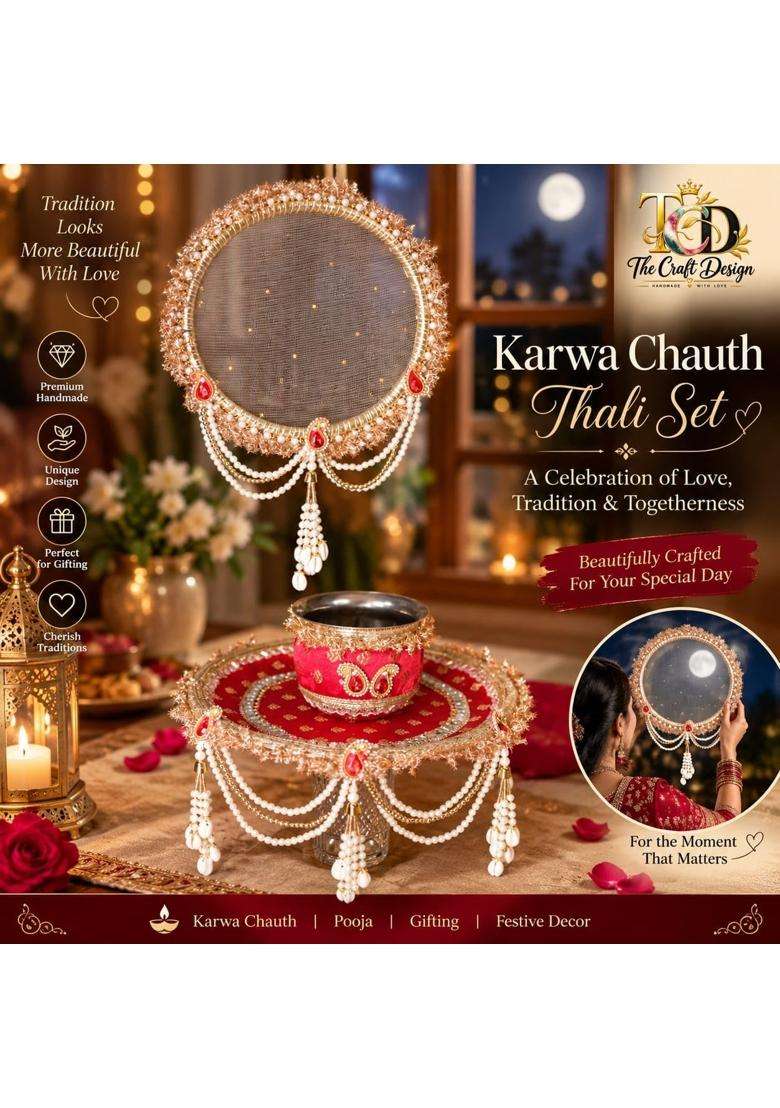 Karwa Chauth Thali Set with Chalni Red and Gold Traditional Pooja Thali with Channi and Decorative Katori - Indya