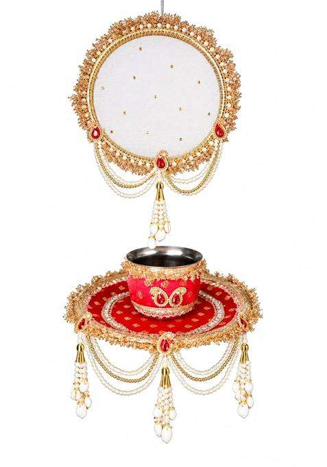 Karwa Chauth Thali Set with Chalni Red and Gold Traditional Pooja Thali with Channi and Decorative Katori
