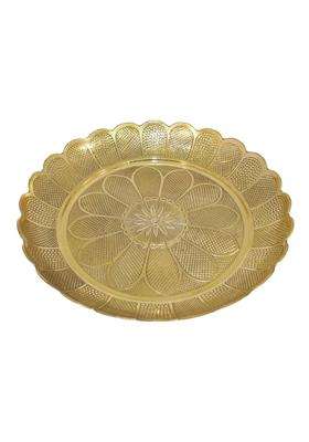 Bhakti Shringar Gold Pure Brass Flower Embossed Design Pooja Plate Puja Thali 12 Inch Diameter