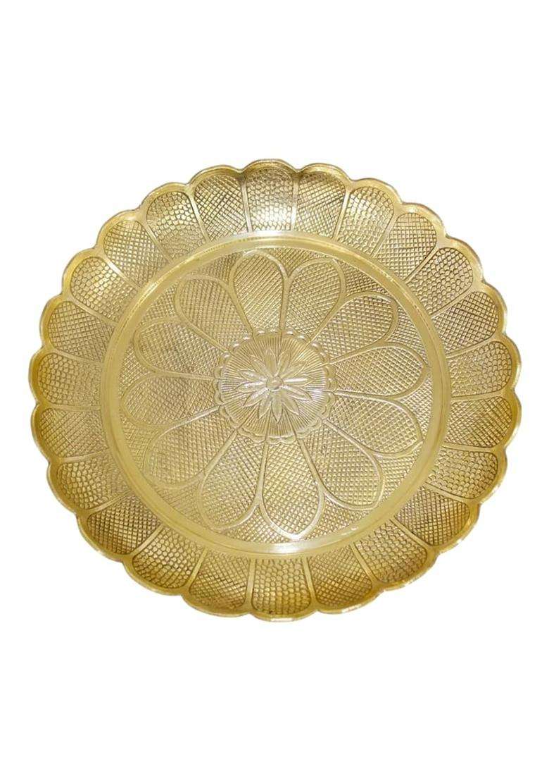 Bhakti Shringar Gold Pure Brass Flower Embossed Design Pooja Plate Puja Thali 12 Inch Diameter - Indya