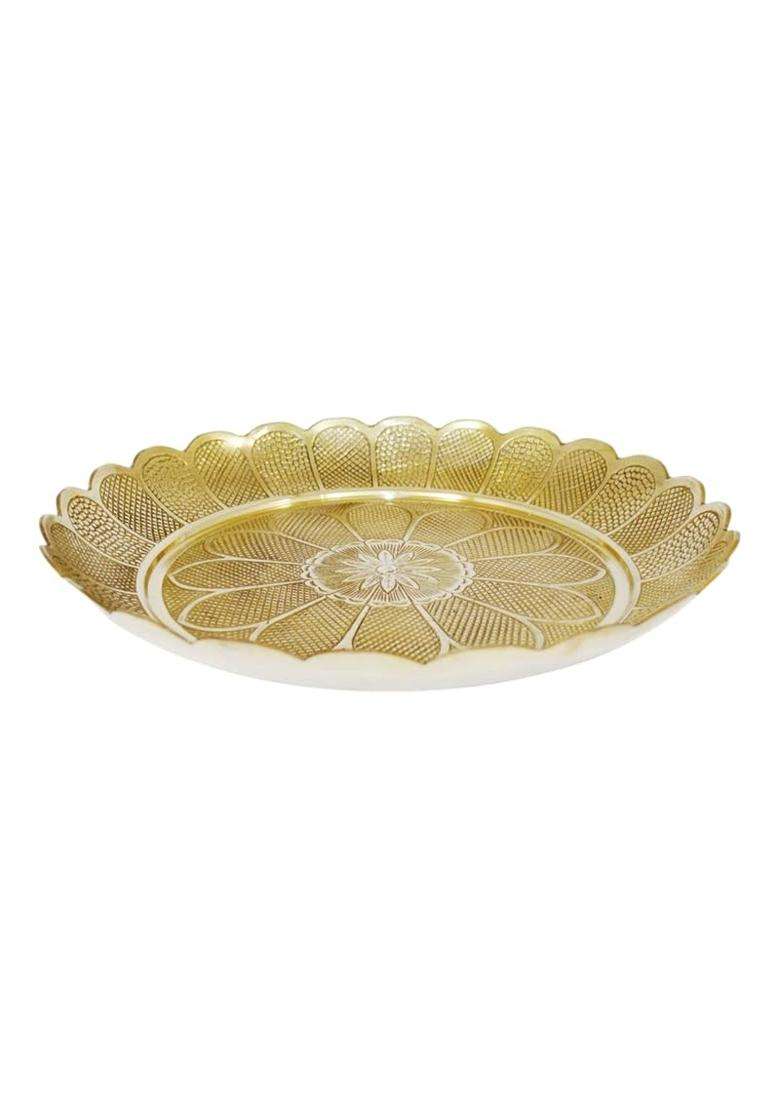 Bhakti Shringar Gold Pure Brass Flower Embossed Design Pooja Plate Puja Thali 12 Inch Diameter - Indya